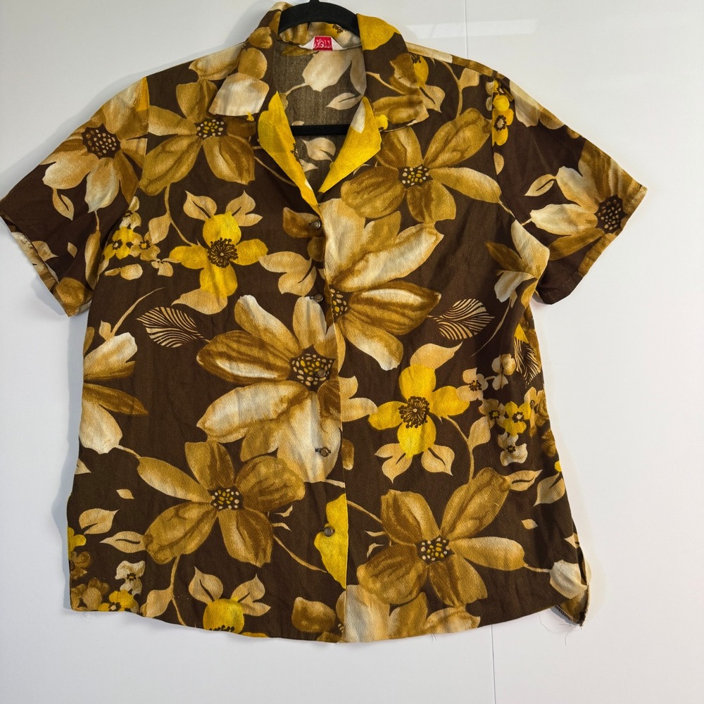 Vintage Pykettes Brown Yellow Floral Barkcloth Button Down Shirt 70s Retro Top